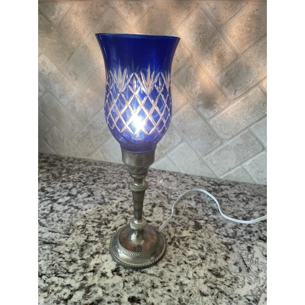 International Silver Company Plated Cobalt Blue Cut Crystal Hurricane Lamp 15